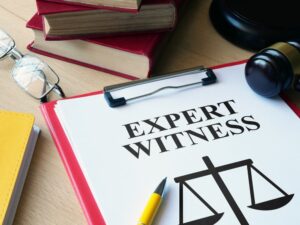 Expert witness reviewing and referencing text in a legal setting