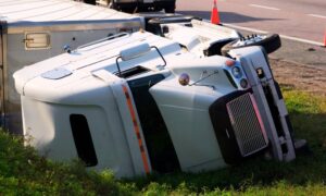 Overturned refrigerated semi-trailer truck in the highway median near an exit.