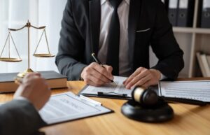 legal advisor explaining business contract details to investors, taking notes for accuracy before finalizing the agreement.