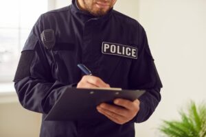 Police officer in uniform writing a crime report and gathering evidence.