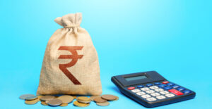 rupee money bag and calculator. Accounting concept. Income and expenses. Calculation of damage and insurance,